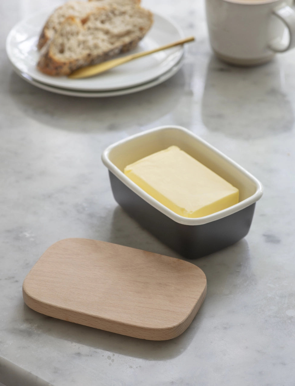 Mono Enamel Butter Dish with Wooden Lid by Garden Trading