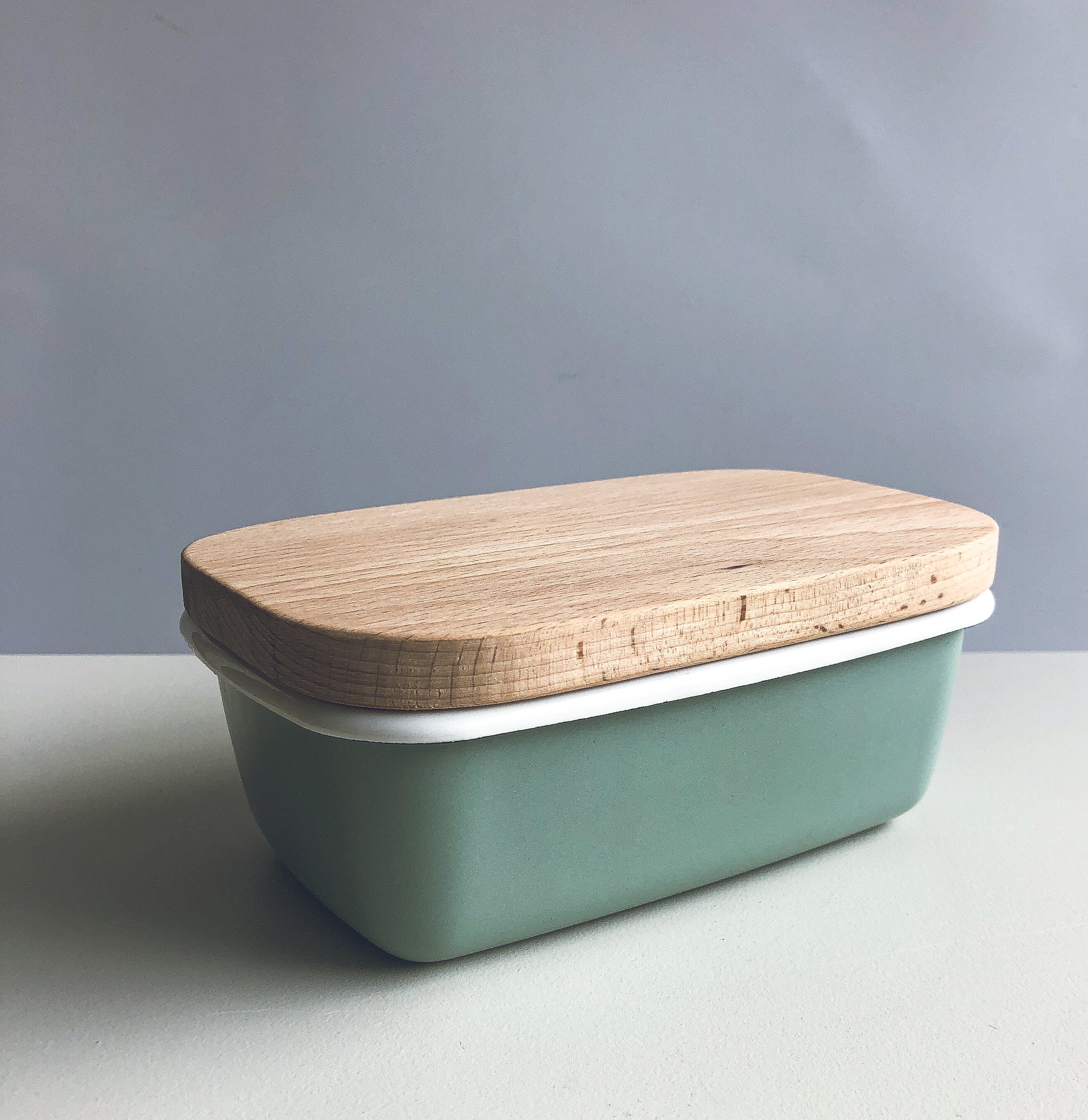 Mint Enamel Butter Dish with Wooden Lid by Garden Trading
