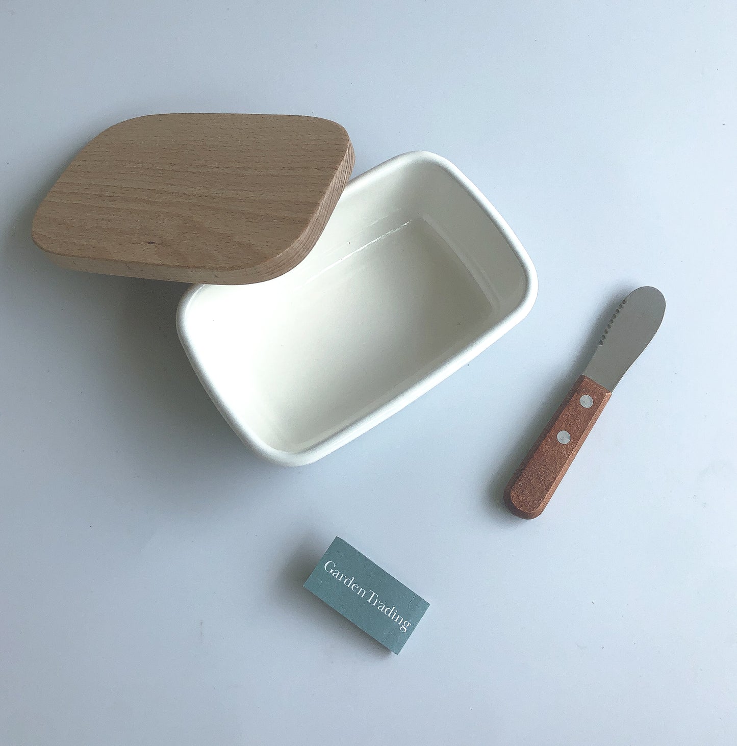 Mint Enamel Butter Dish with Wooden Lid by Garden Trading