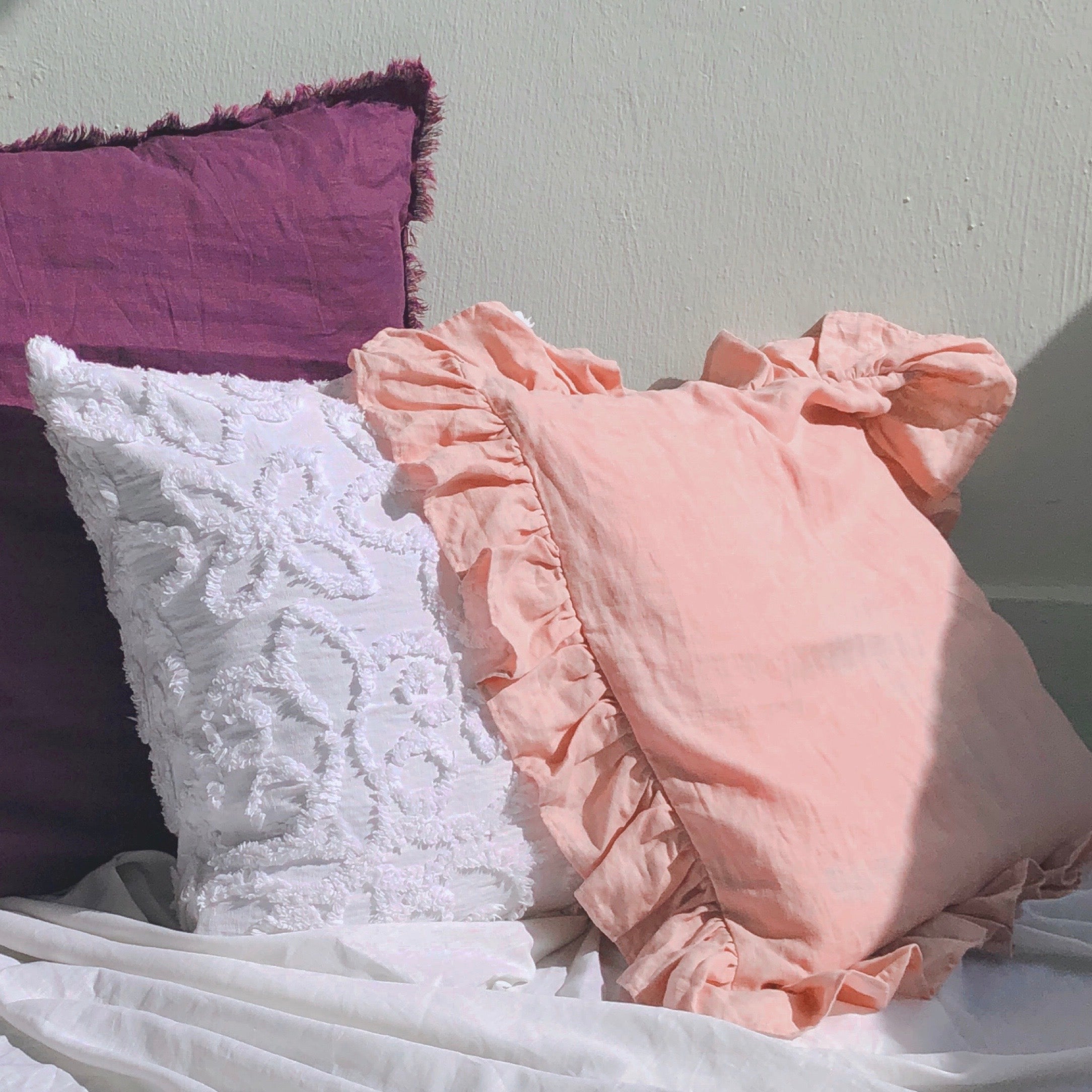 Woven Pink Ruffled Cushion Cover by PROSE Décor