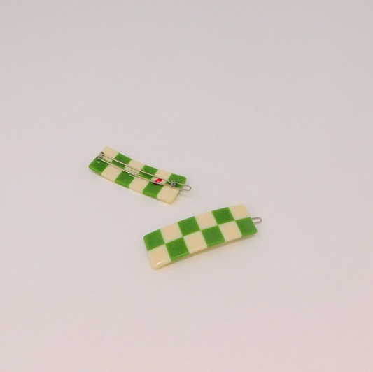 Green Chessboard Hair Slides  by Veronique