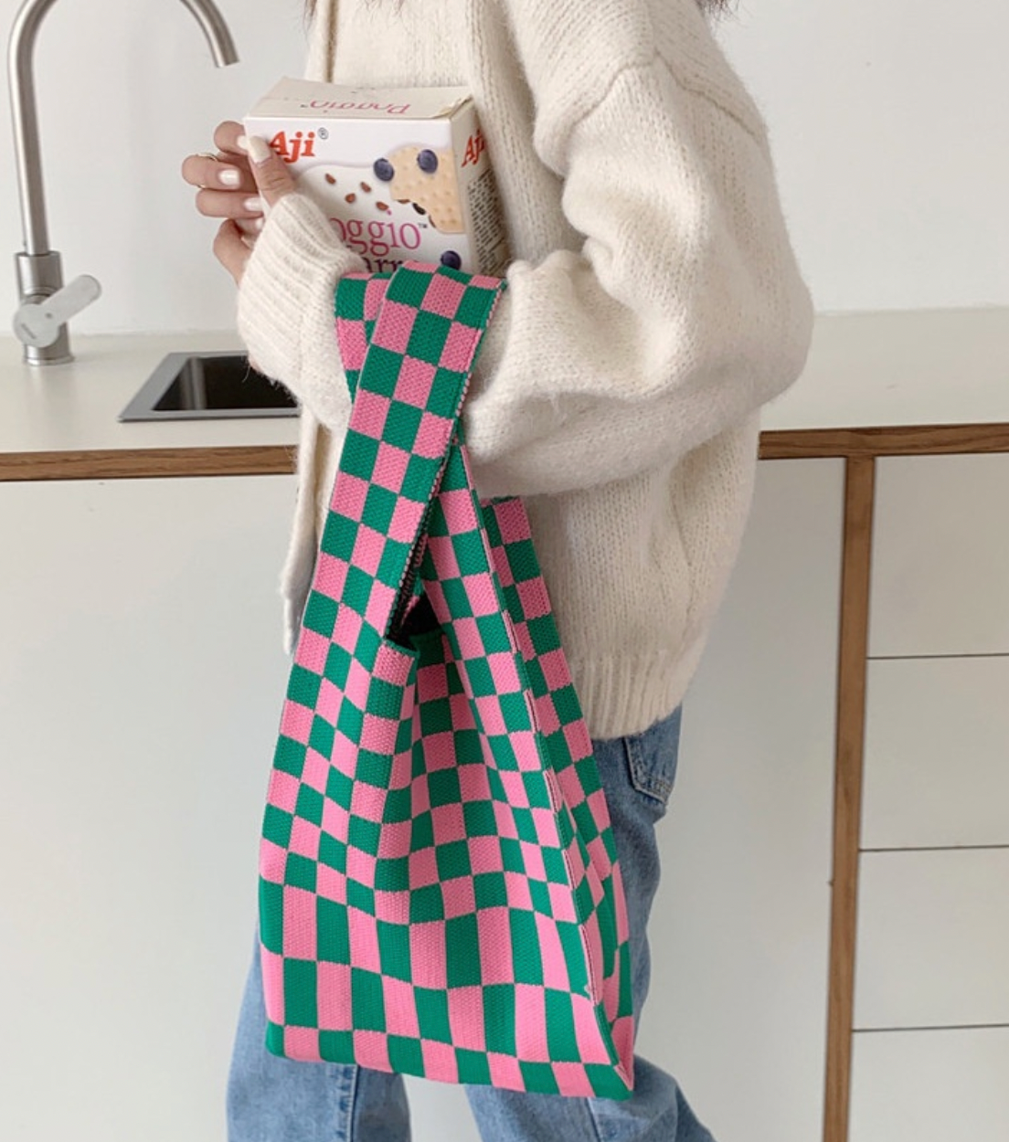 Checkerboard Knit Tote Bag by Veronique