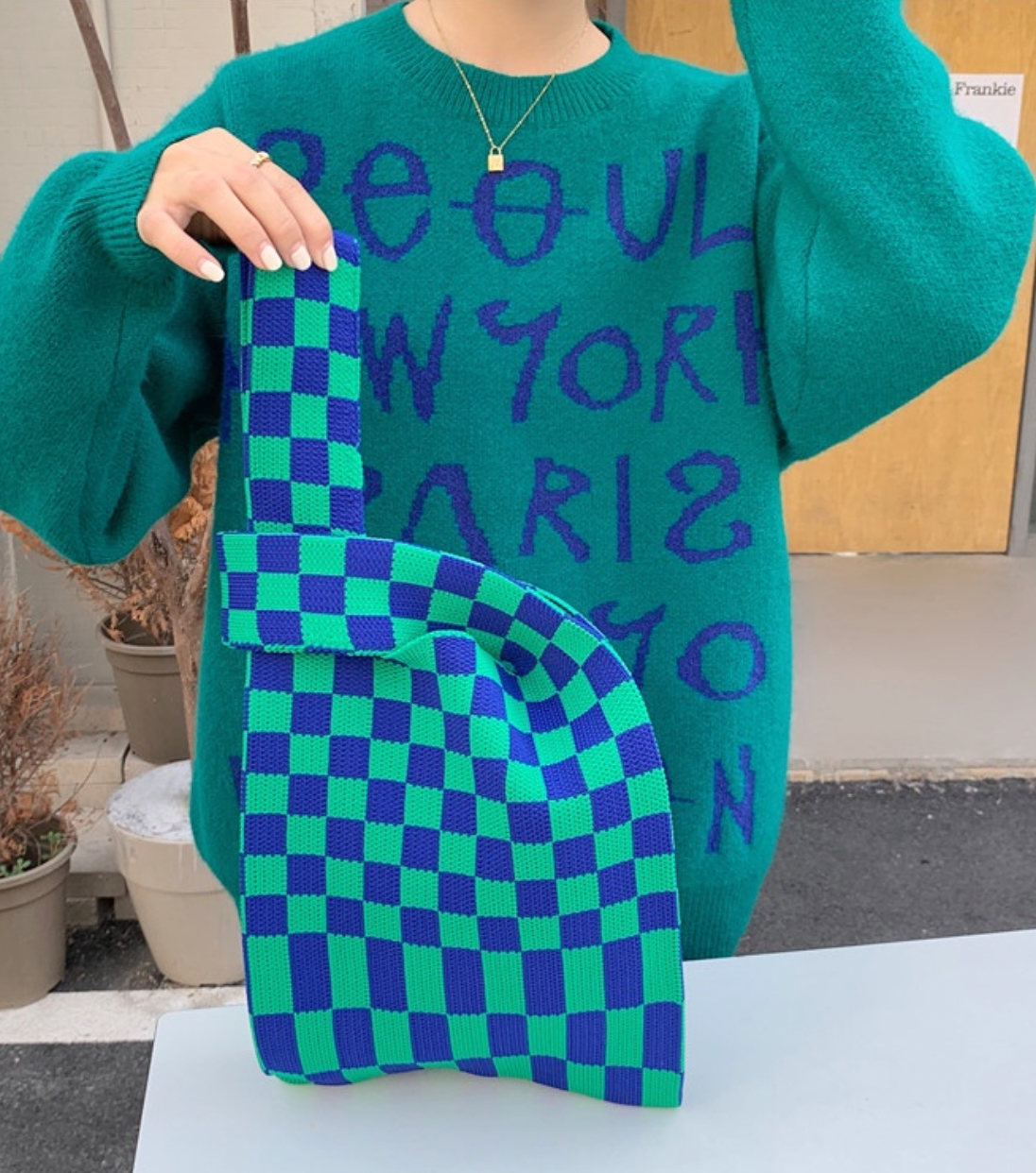 Checkerboard Knit Tote Bag by Veronique