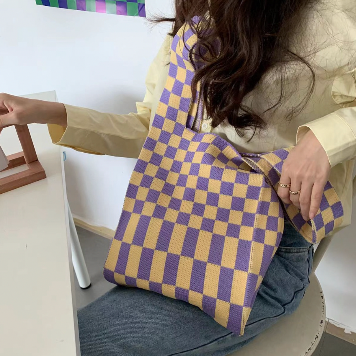 Checkerboard Knit Tote Bag by Veronique