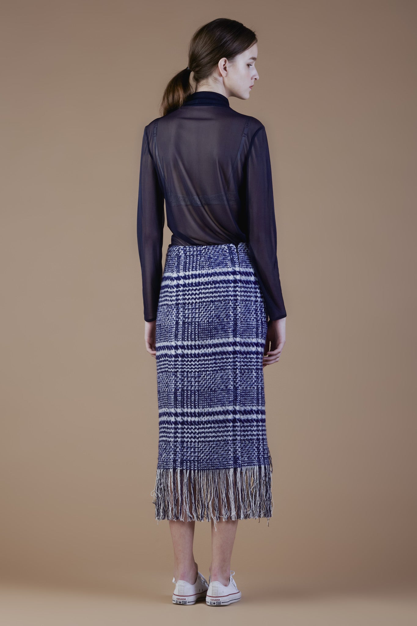 Wool Blend Tweed Pencil Skirt with Fringe #10B