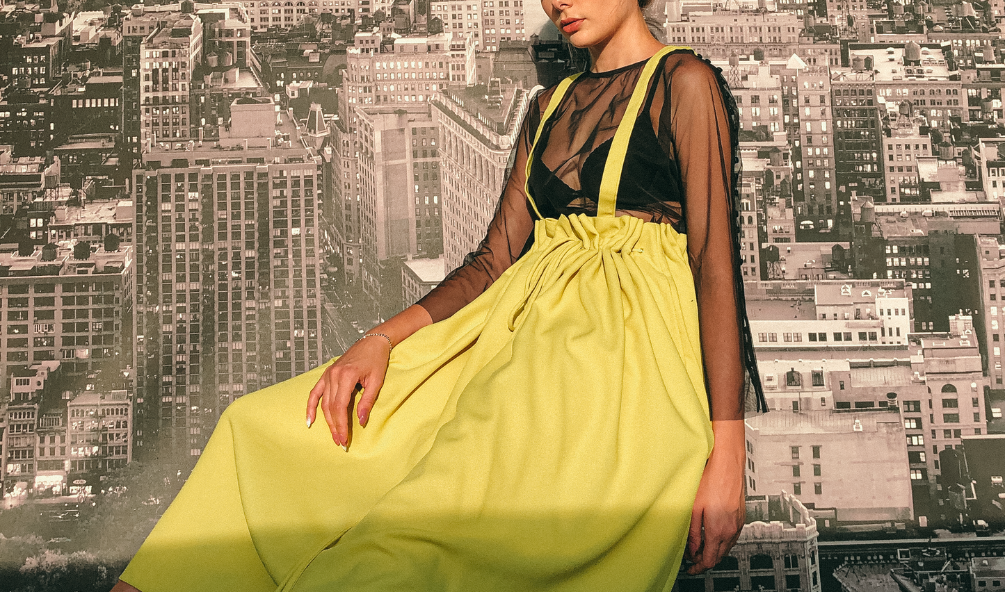 Drawstring Pinafore in Fluoro Yellow by Ultramarine Studio