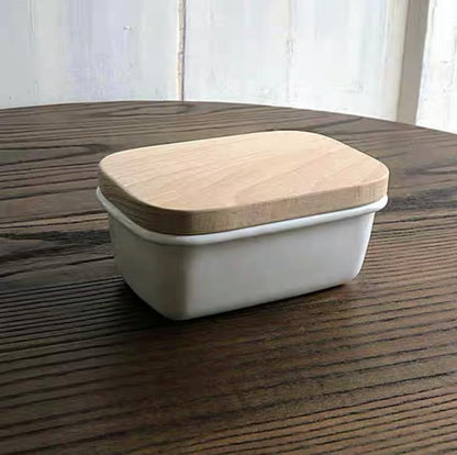 Mint Enamel Butter Dish with Wooden Lid by Garden Trading